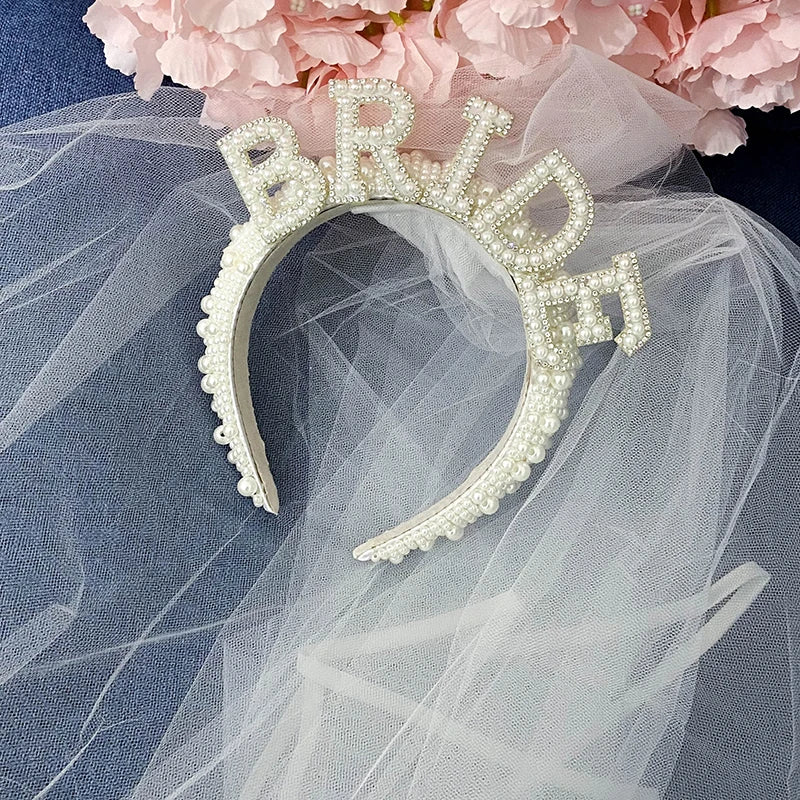 Bride-to-be pearl crown tiara w/veil